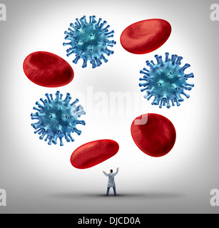 Gestion des maladies et des soins gérés avec un médecin ou un médecin dans un sarrau juggling un groupe de sang humain et cellules de virus comme une métaphore et symbole de la santé pour trouver une solution et la guérison de maladies chroniques. Banque D'Images