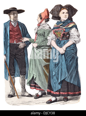 Fin du 19e siècle XIX 1800 costumes d'Alsace Française (de gauche à droite) Oberseebach, Uschbach et Strasbourg Banque D'Images