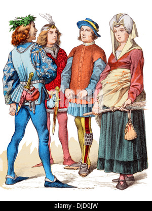 Milieu 15ème siècle XV Années 1400 Costumes de citoyens français Banque D'Images