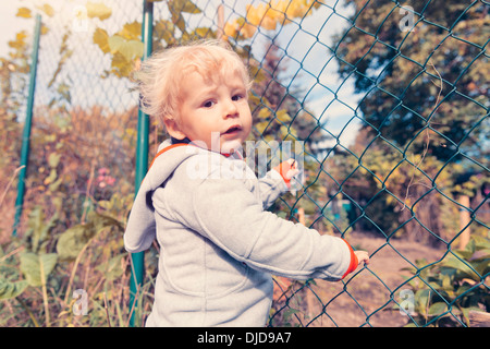 Allemagne, Bonn, Baby Boy explorer jardin Banque D'Images
