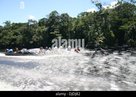 Bateau de vitesse se déplaçant le long de la rivière Churun au Venezuela. La rivière Churun - Espagnol : Rio Churún) fait partie de l'Orénoque Banque D'Images