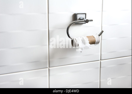 Rouleau de papier toilette vide sur le porte-plaque.problème embarrassant, situation difficile. Banque D'Images