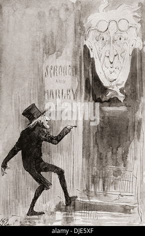 Le heurtoir fantomatique. Illustration par Harry Furniss pour la novella un chant de Noël de Charles Dickens. Banque D'Images