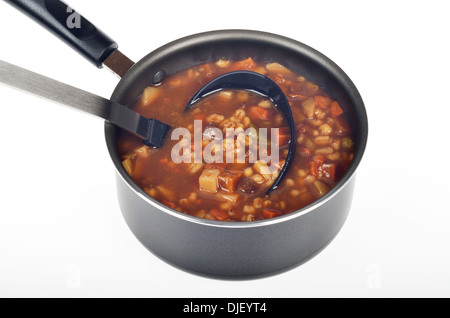 Pot de soupe boeuf et légumes avec louche sur fond blanc. Banque D'Images
