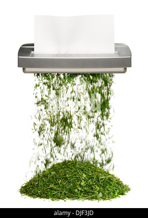 Shredder en tournant le papier dans l'herbe. Green Office Concept. Banque D'Images