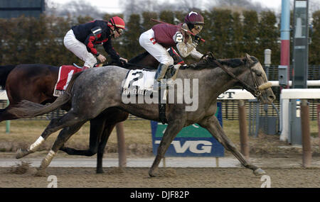 Feb 02, 2008 - South Ozone Park, Queens, NY, USA - Barrière de Corail avec Alan Garcia et formés par Thomas Albertrani hits le fil pour la victoire dans le 29e fonctionnement de l'ajout de 100 000 $, Whirlaway course. Course d'hiver à l'hippodrome Aqueduct dans South Ozone Park, Queens, New York. Aqueduc, également connu sous le nom de "Grand UN", a ouvert ses portes le 27 septembre 1894 dans le Queens. En 1941, un nouveau club-house et la voie offi Banque D'Images