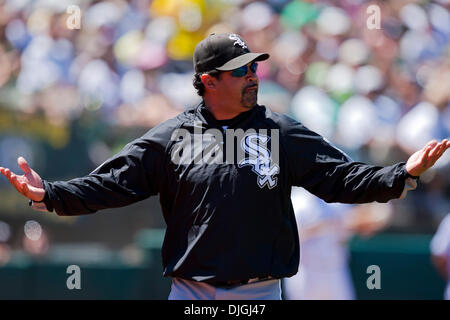 24 juillet 2010 - Oakland, CA, États-Unis d'Amérique - 24 juillet 2010 : Blanc Sox Manager Ozzie Guillen se plaint à l'arbitre pendant le jeu entre l'Oakland A's et les White Sox de Chicago au Oakland-Alameda County Coliseum à Oakland CA. L'un défait les White Sox 10-2. Crédit obligatoire : Damon Tarver/ Southcreek Global. (Crédit Image : © Southcreek Global/ZUMApress.com Banque D'Images