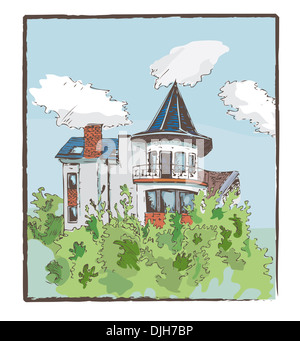 Bâtiment, vecteur, la chambre, la tourelle, les arbres, jardin, vintage, antique, ancien, historique, estate, encre, tirés, fond blanc, Banque D'Images