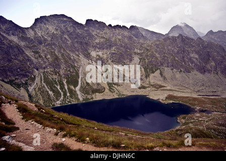 Velke Hincovo pleso lake avec des pointes au-dessus du sentier de randonnée pédestre à Koprovske Vysne sedlo dans les Hautes Tatras en Slovaquie Banque D'Images