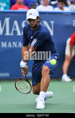 03 août 2010 - Washington Dc, District of Columbia, United States of America - 03 août 2010 : Legg Mason Tennis Classic, parrainé par Geico..Mens des célibataires, .Fernando Verdasco (ESP) rallyes retour après enregistrement d'un point de comparaison dans le second jeu pour gagner le match contre Karol BECK (SVK) (4-6, 7-5, 7-6) .crédit obligatoire : Roland Pintilie / Southcreek Global (Image Crédit : © Southcreek Banque D'Images