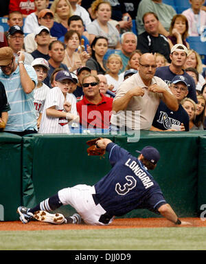 05 août 2010 - Saint Petersburg, FL - USA - Tampa Bay Rays Evan Longoria fait un rattrapage spectaculaire comme il se glisse dans la troisième base mur frappé par le Minnesota Twins Jason Kubel cinquième manche au cours de l'action au Tropicana Field à Saint-pétersbourg jeudi après-midi. (Crédit Image : © Dirk Shadd/ St. Petersburg Times/ZUMApress.com) Banque D'Images