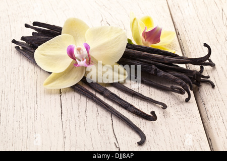 Bâtons de vanille avec une fleur sur une table en bois blanc. Banque D'Images