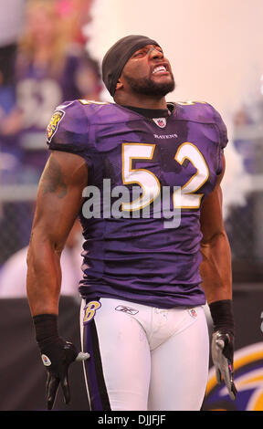 12 août 2010 - Baltimore, Maryland, États-Unis d'Amérique - Aug 12, 2010 : Baltimore linebacker Raven Ray Lewis (# 52) bénéficie de l'introduction arborant. Les Ravens ont conduit les Panthers 10-3 à la moitié comme les équipes ont joué leur premier match pré-saison à M & T Bank Stadium à Baltimore, Maryland. (Crédit Image : Â© Southcreek/ZUMApress.com) mondial Banque D'Images