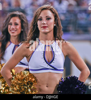 12 août 2010 - Baltimore, Maryland, États-Unis d'Amérique - Aug 12, 2010 : Une cheerleader Raven Baltimore jouit d'une victoire contre les Carolina Panthers. Les Ravens défait les Panthers 17-12 comme les équipes ont joué leur premier match pré-saison à M & T Bank Stadium à Baltimore, Maryland. (Crédit Image : © Global/ZUMApress.com) Southcreek Banque D'Images