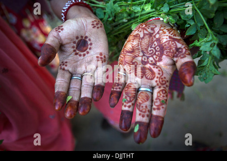 Détail des mains d'une femme superbement peintes avec des décorations au henné, un colorant végétal. Banque D'Images