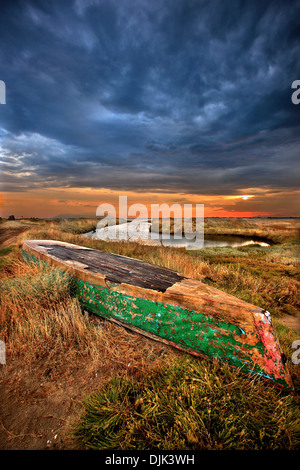 Plava traditionnel (bateau à fond plat des eaux peu profondes) au delta du fleuve Evros, Thrace, Grèce. Banque D'Images