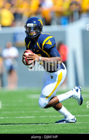 18 septembre 2010 - Morgantown, West Virginia, United States of America - West Virginia's quarterback Geno Smith revient à adopter contre le Maryland au cours de la première moitié du jeu. La Virginie de l'ouest du Maryland conduit par un score de 21 - 0 à la mi-temps. (Crédit Image : © Brian Freed/ZUMApress.com) Southcreek/mondial Banque D'Images