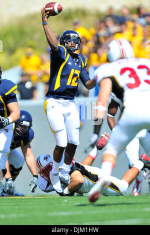 18 septembre 2010 - Morgantown, West Virginia, United States of America - West Virginia's Geno Smith revient à passer le ballon alors que l'objet de pressions au cours du premier semestre à Mountaineer Field. La Virginie de l'ouest du Maryland conduit par un score de 21 - 0 à la mi-temps. (Crédit Image : © Brian Freed/ZUMApress.com) Southcreek/mondial Banque D'Images