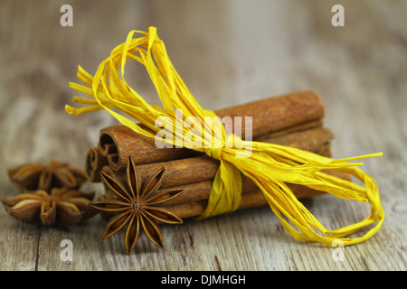 L'anis étoilé appuyé contre des bâtons de cannelle attaché avec du ruban jaune string Banque D'Images