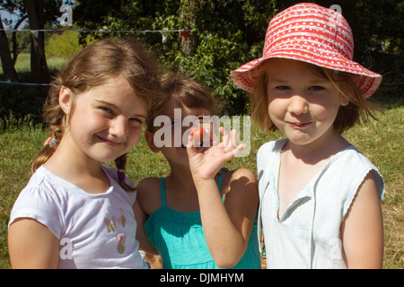 Trois jeunes filles de rire et sourire et s'amuser dehors au soleil sur un pique-nique, tenue des fraises et s'amusant dans la Banque D'Images