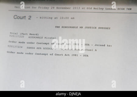 Londres, Royaume-Uni. 29 novembre 2013. Les noms des hommes accusés du meurtre de Lee Rigby qui commence à l'Old Bailey cour centrale. Michael Adebowale et Michael Adebolajo sont accusés d'avoir tué le batteur Lee Rigby en dehors de la caserne de Woolwich, le 22 mai 2013 Crédit : amer ghazzal/Alamy Live News Banque D'Images