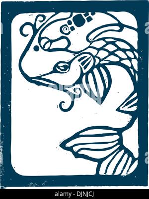 Estampe de poisson koi en bleu. Illustration de Vecteur