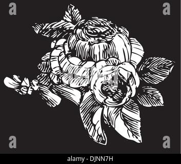 Roses sur le noir dans le style d'impression gravure sur bois. Illustration de Vecteur