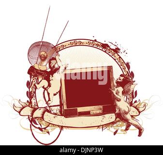 Insigne du vecteur et de bannière. Deux jolies cupids essayant de trouver une chaîne de télévision. Illustration de Vecteur