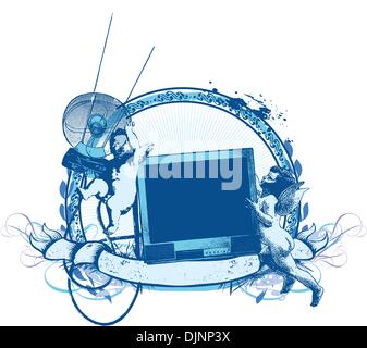 Insigne du vecteur et de bannière. Deux jolies cupids essayant de trouver une chaîne de télévision. Illustration de Vecteur