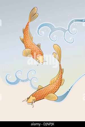 Vector illustration de deux carpes koï s'éclabousser dans l'eau et ses alentours dans un étang. Illustration de Vecteur