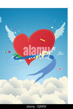 Funky Cool flying coeur rouge au-dessus des nuages. Grand pour la Saint-Valentin et cartes postales mariage Illustration de Vecteur