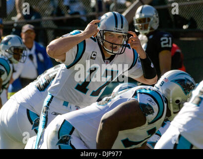 Nov 09, 2008 - Oakland, CA, USA - Carolina Panthers quart-arrière Jake Delhomme # 17 donne un signal de changement juste avant qu'il fait une passe de touché lors d'un match contre les Raiders d'Oakland pour McAfee Coliseum. (Crédit Image : © AL GOLUB/Golub/Photographie Photographie Golub) Banque D'Images