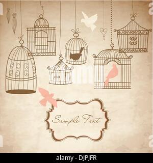 Vintage cages d'oiseaux. Les oiseaux de leur cage concept vector Illustration de Vecteur