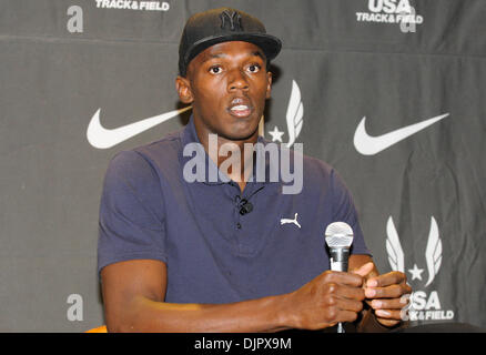 Apr 23, 2010 - Philadelphie, Pennsylvanie, États-Unis - USA or Olympique Usain Bolt rencontre la presse à une conférence de presse de la course de Philadelphie. Boulon sera exécuté pour la Jamaïque en l'équipe USA vs le monde 4x100 à la Penn Relays. (Crédit Image : © Ricky Fitchett/ZUMA Press) Banque D'Images