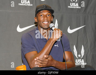 Apr 23, 2010 - Philadelphie, Pennsylvanie, États-Unis - USA or Olympique Usain Bolt rencontre la presse à une conférence de presse de la course de Philadelphie. Boulon sera exécuté pour la Jamaïque en l'équipe USA vs le monde 4x100 à la Penn Relays. (Crédit Image : © Ricky Fitchett/ZUMA Press) Banque D'Images