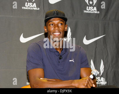 Apr 23, 2010 - Philadelphie, Pennsylvanie, États-Unis - USA or Olympique Usain Bolt rencontre la presse à une conférence de presse de la course de Philadelphie. Boulon sera exécuté pour la Jamaïque en l'équipe USA vs le monde 4x100 à la Penn Relays. (Crédit Image : © Ricky Fitchett/ZUMA Press) Banque D'Images
