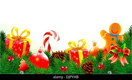 Illustration Vecteur de fond de décoration de Noël avec des branches de conifères, des cônes de pin, des boîtes-cadeaux, canne de Noël, Noël d Illustration de Vecteur