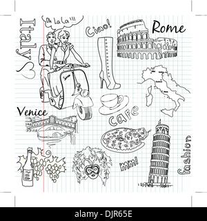 Tourisme en Italie doodles Illustration de Vecteur