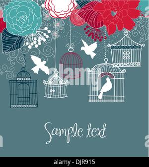 Summer background floral. Les oiseaux de leur cage concept vector Illustration de Vecteur