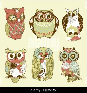 Collection de six différents hiboux Illustration de Vecteur