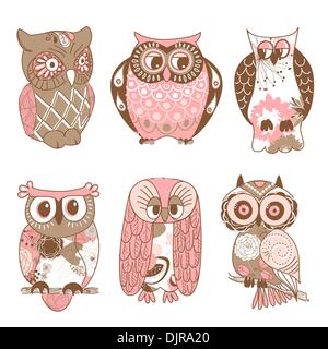 Collection de six différents hiboux Illustration de Vecteur