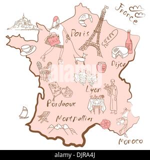 Carte de France stylisée. Les choses que les différentes régions de France sont célèbres pour. Illustration de Vecteur