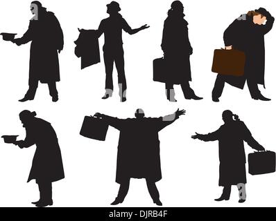 Une collection de silhouettes d'hommes d'un manteau avec une valise. Vector Illustration de Vecteur