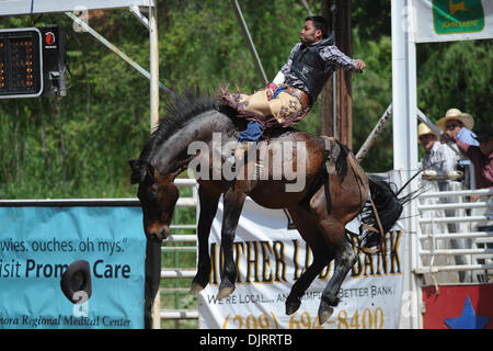 Le 08 mai 2010 - Sonora, Californie, États-Unis - 08 mai 2010 : Bareback rider Kid Banuelos de Los Angeles, CA rides Spazz au 2010 Mother Lode Round-Up à Sonora, CA. (Crédit Image : © Matt Cohen/ZUMApress.com) Southcreek/mondial Banque D'Images