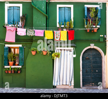 Avant de la chambre de couleur verte avec des plantes et corde, Burano, Veneto, Italie Banque D'Images