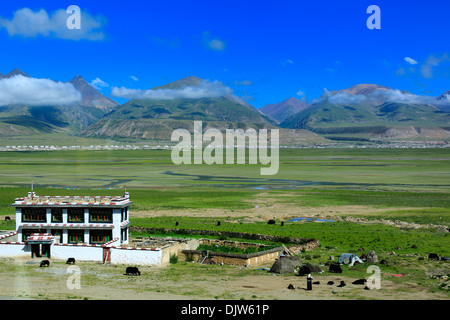 Vue du paysage depuis la gare de chemin de fer Trans-Tibetan, Tibet, Chine Banque D'Images