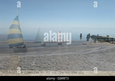 Superposition de photos de la mer de Salton's shores avec 60 cartes postales du même bord lorsqu'ils ont été animées holiday resorts Banque D'Images