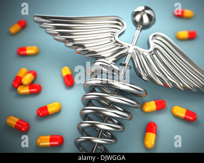 Comprimés et pharmacie caducée symbole sur fond blanc isolé. 3d Banque D'Images