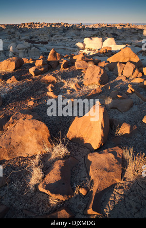 Les cheminées et d'étranges formations rocheuses à perte de vue au lever du soleil. Bisti/De-Na-Zin Désert, Nouveau Mexique, USA. Banque D'Images