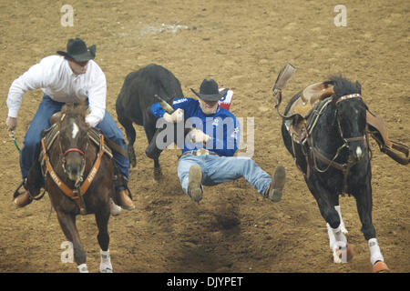 Le 5 décembre, 2010 - Las Vegas, Nevada, United States of America - Steer wrestler Dane Hanna de Berthold, ND mis en place un temps de 4,30 au cours de la quatrième à la Wrangler 2010 National Finals Rodeo au Thomas & Mack Center. (Crédit Image : © Matt Cohen/ZUMAPRESS.com) Southcreek/mondial Banque D'Images